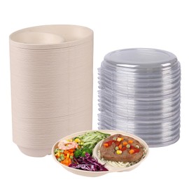 JAYEEY 24 oz Oval Disposable bowls with lids,Sugarcane Salad Bowls 2 compartments take away food containers Plant Fibers 50 Pack