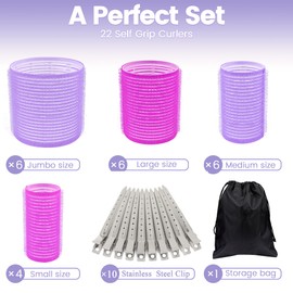 33 Pcs Hair Rollers set, Self Grip Hair Rollers for Long Medium Short Hair, Jumbo Large medium Hair Curlers （22 Velcro Rollers + 10 Stainless steel Clip +1 Storage Bag）