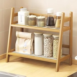 Kitchen Organiser 2 Tiers, Spice Rack, Standing, Bamboo Imitation Rattan Weaving, Decorative Kitchen Shelf, Tea Organiser, Cup Holder, Cup Display for Kitchen, Bedroom and Office (39 x 29 x 18