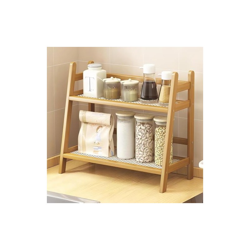 Kitchen Organiser 2 Tiers, Spice Rack, Standing, Bamboo Imitation Rattan