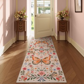 Beeiva Butterfly Insect Washable Runner Rug for Hallway 2x6, Non Slip Ultra Thin Beige Kitchen Runners, Boho Floral Cute Carpet Runner for Bedroom Entryway Laundry Bathroom (Beige/Pink, 2'x6')