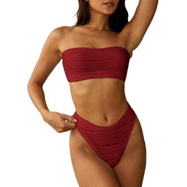ZAFUL Women Strapless Textured Bandeau Bikini 2 Piece Swimwear Cheeky Solid Lace up Bathing Suits(1-Red,M)