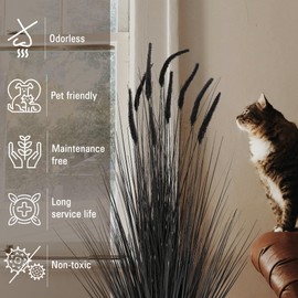 KOL 4ft Artificial Horsetail Grass, 47.2in Artificial Indoor Outdoor Fake Grass Dogtail Plant, Home Office Decor Artificial Reed Plants in Pot Faux Grass Plant Greenery, Housewarming Gift, Black