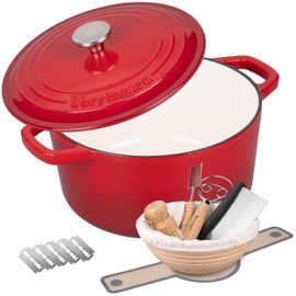 VORRINGARD Enameled Cast Iron Dutch Oven Pot with Lid, for Bread Baking, Round Bread Oven- include Sourdough Bread Baking Supplies Set, 4.5QT, Red