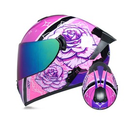TRIPERSON Full Face Motorcycle Helmet DOT Approved Motorbike Moped Street Bike Racing Crash Helmet, Men and Women (Rose Color Mirror, Large)