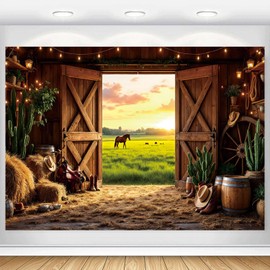 Western Cowboy Backdrop Wild West Rodeo Party Banner Country Rustic Farm Barn Door Horse Photography Background Photoshoot Kids Adults Birthday Wedding Decorations Supplies Polyester Fabric 7x5ft