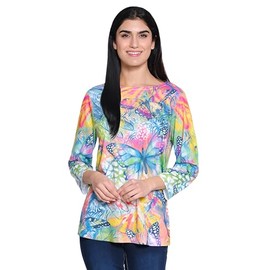 Ali Miles Women's Knit Pop Over Scoop Neck Three Quarters Sleeves, Warm Floral, Large Petite