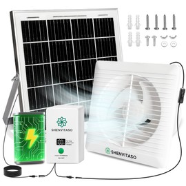 SHENVITASO Solar Powered Exhaust Fan Kit, 25W 8" Ventilation Fan with Battery Backup, Up to 9‑Hour Runtime, 430CFM, IP44 Waterproof, for Chicken Coop, Greenhouse, Shed, Attic, RV