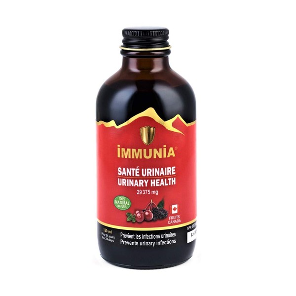 Immunia Urinary Health. Prevent Urinary Tract Infection (Women & Men). Cranberry & Elderberry Concentrate. Natural Antioxidant. Delicious Taste. 5 ml/day. Made in Canada.