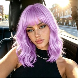 Short Bob Wavy Wig with Bangs, Shoulder‑Length Wigs for Women,Purple