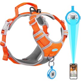ThinkPet No Pull Harness for Small, Medium, Large Dogs with Airtags Holder Reflective Dog Harnesses with Dog QR Code Smart ID Tag Airtags Holder Harness Back/Front Clip for Easy Control Orange S