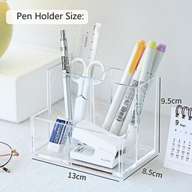 MUAMAX Clear Acrylic Pencil Pen Organizer 3 Slots Makeup Brush Holder Acrylic Desk Accessories Desktop Stationery Organizer for Office School Home Supplies