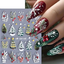 Christmas Nail Art Stickers Decals Santa Claus Snowy Tree Christmas Nail Stickers 2PCS Elk Snowflake Candy Bow-Knot Xmas Nail Designs 5D Embossed Nail Decals for Acrylic Nails Manicure Decorations