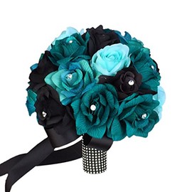 Angel Isabella 10" Bridal Bouquet-Artificial Roses in Shades of Jade,Teal,Aqua,Black with Rhinestone
