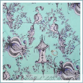 Signature BonEful Fabric FQ Cotton Quilt Aqua Purple Peacock Flower Bird House Tree Toile