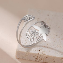 Dreamtimes Vintage Bee Rings Adjustable Bee Flower Spoon Rings for Women Sunflower Bee Ring Thumb Honey Rings Stainless Steel Wrap Open Rings Animal Jewellery, Stainless Steel, No