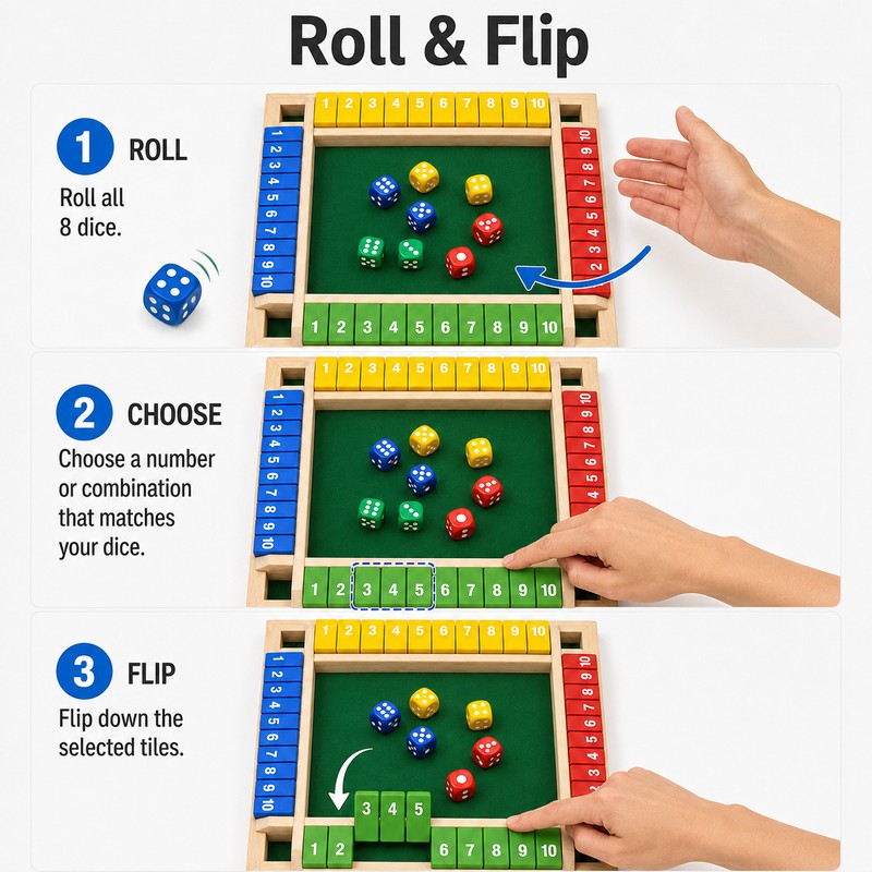 Wooden Shut The Box Dice Game for 4 Players -