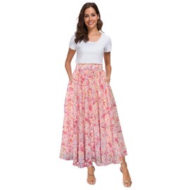 Afibi Women High Waist Floral Print Swing Chiffon Beach Midi Long Skirt with Pockets (Large, Pink)