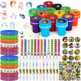 Yesenly 124Pcs Birthday Party Supplies, Monster Themed Party Favors Toys Set, Gift for Fans Kids Includes Cartoon Stamps, Bubble Wand, Keychains, Wristbands, Button Pins, Stickers