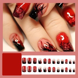 24Pcs Sparkly Flame Press on Nails Short Square Fake Nails Horror Black Red Flame French False Nails Red Glitter Full Cover Glossy Artificial Nails Glue on Nails Reusable Stick on Nail for Women
