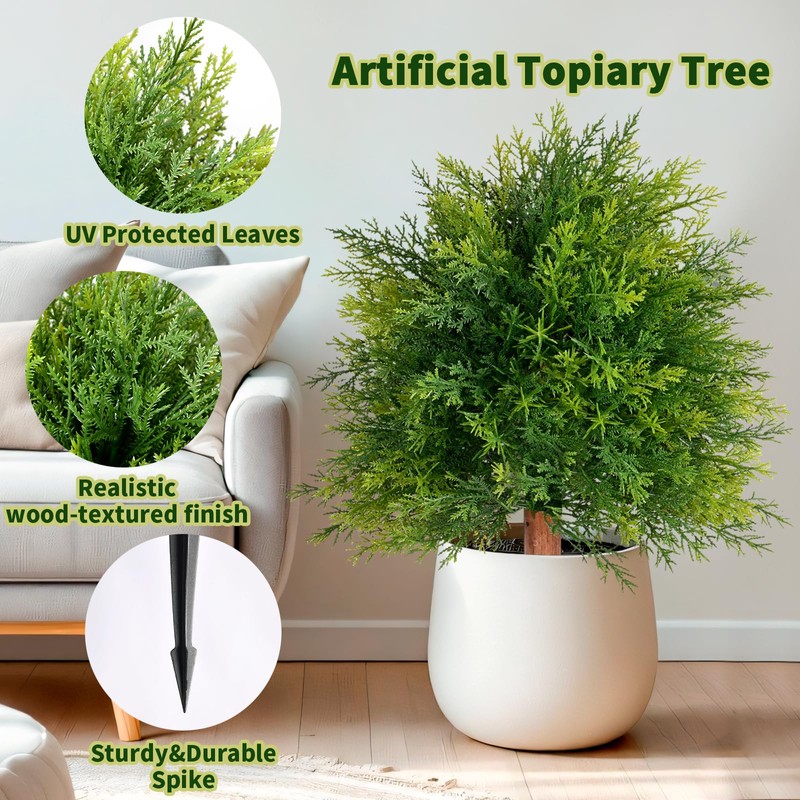 28" Artificial Cedar Topiary Ball Trees, 2 Pack Fake Plants