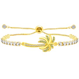 Tobestu Gold Plated Beach Tropical Style Adjustable Bolo Bracelets - Cubic Zirconia Palm Tree Charm Tennis Bracelet for Women YA5105