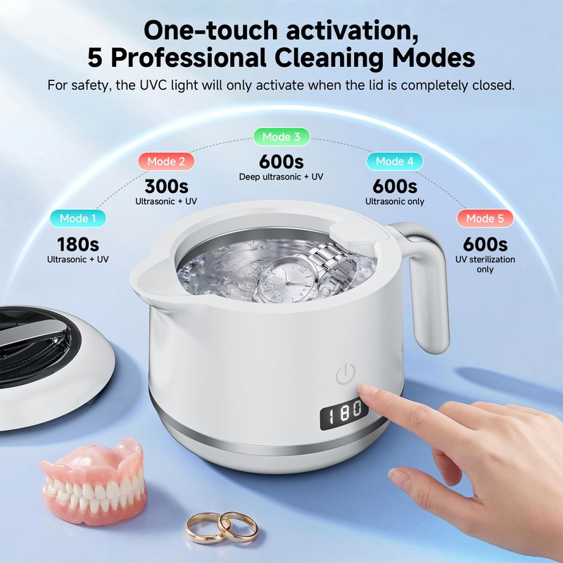 Ultrasonic Retainer Cleaner Machine 45kHz Dental Cleaning Pod 5 Modes