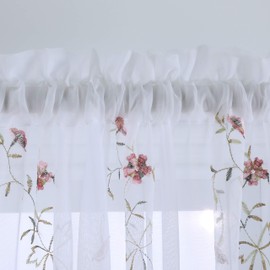 Taisier Home White Light & Airy Embroidery Sheer Curtain 72 inches Long Red Flower Buds Embroidered Curtain Girls Room Voile Rod Pocket Window Treatment 2 Panels Rose Red Flower Buds on White