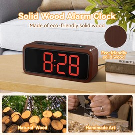Netzu Wooden Alarm Clock, Loud Digital Clock with 5 Volumes, 12 Ringtones, Manual DST, Snooze Plug-in Alarm Clock for Heavy Sleepers Bedroom Bedside Living Room Office Wood Decor (Red)