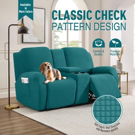 TAOCOCO Recliner Loveseat Cover with Middle Console, Stretch Reclining Couch Covers for 2 Seat Reclining Couch, Jacquard Pattern Sofa Slipcovers Soft Loveseat Slipcover, Peacock Blue