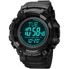 findtime Digital Watch Men's Military Sports Watch for Men Digital Large Tactical Watch with Compass World Time 5ATM Waterproof Outdoor Watch Men with Light Stopwatch Coutdown Alarm Clock, black,