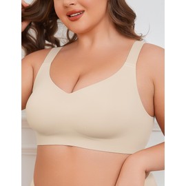 Wingslove Wireless Bras for Women Plus Size Support and Lift No Underwire Smooth Comfort T Shirt Bra Large Breast(Beige,XL-Plus)