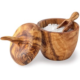 Forest Decor Wooden Salt Box with Scoop - Wood Salt Cellar with Lid - Handmade Spice Holder - Salt Keeper Spice Storage Box - Eco-friendly Bath Salt Container - Olive Wood Pepper Bowls & Spice Jars