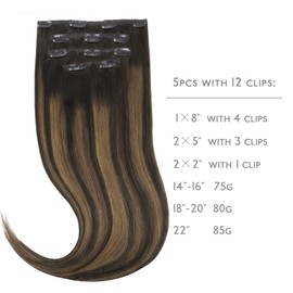 WENNALIFE Clip In Hair Extensions, 18 Inch 80g 5pcs Balayage Dark Brown to Chestnut Brown Hair Extensions Clip In Real Hair Remy Human Hair Extensions Natural Silky Clip In Human Hair Extensions