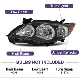 Bincmay Headlight Assembly Fit For 2011-2013 Toyota Corolla 2011 2012 2013 Toyota Corolla Left and Right Black Housing Amber Reflector