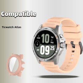 QHBAMD Silicone Watch Bands Compatible for Ticwatch Atlas, with PC Case Cover Protective Soft Breathable Waterproof Sport Watch Band for Ticwatch Atlas