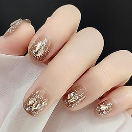 Bhidenaw Nail Tips, 24 Pieces, Nail Tips, Short, Japanese Style, Cute, Simple, Stylish, For Various Occasions, Nail Sticker, Glossy, Fake Nails, Nail File Included, Short Light Curry Diamond