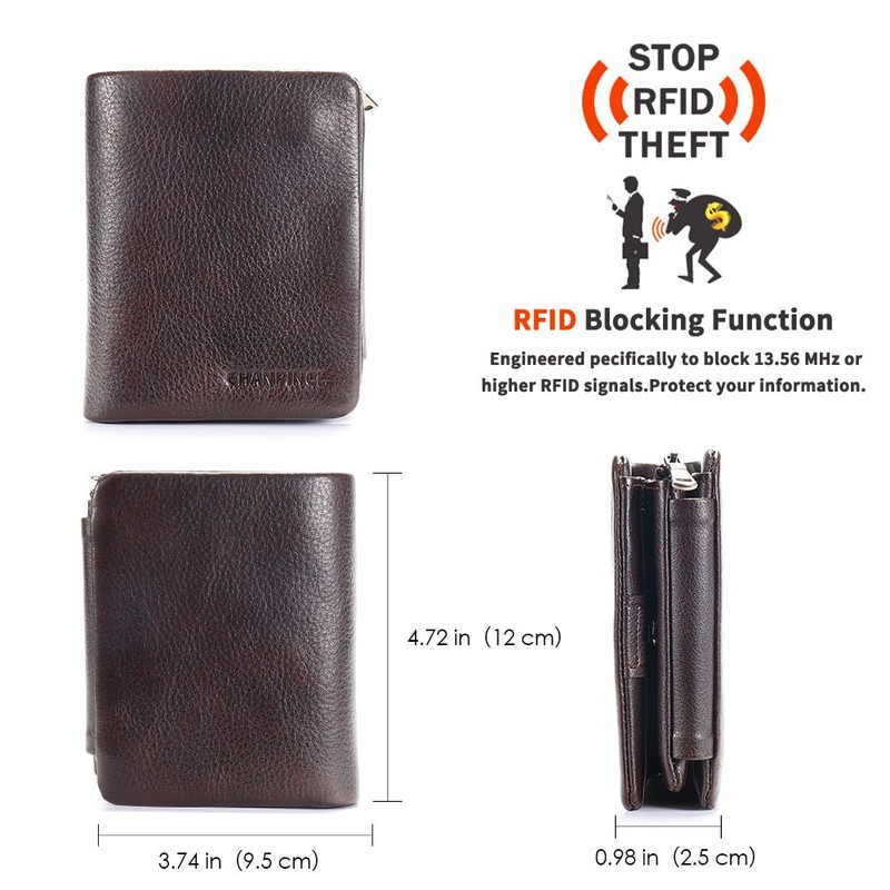 CHANPINCL Men's Buckle zipper genuine leather wallet, large capacity 13card