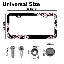 Cherry Blossoms License Plate Frame Premium Pink Flowers Steel License Plate Holder Compatible All Vehicle License Plate Tag Cover Fit Accessories Included (Pink)