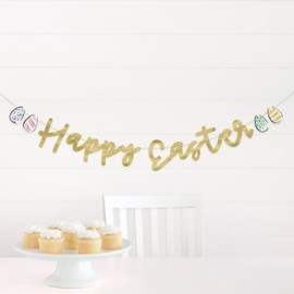 Gold Dainty 'Happy Easter' with Egg Diecut Foil Banner, 5 ft. (1 Count) - Perfect Decor for Themed Events, Indoor & Outdoor Celebrations