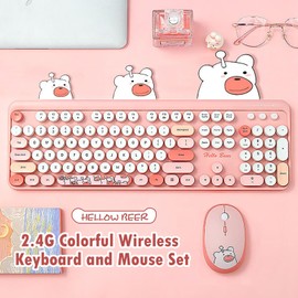 2.4G Full-Size Wireless Keyboard and Mouse Combo, Multi-Color Typewriter Style Round Keycap, Cute Candy Colors, Compatible with Notebook, PC (Pink Bear)