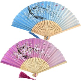 Ciomiliaro Pack of 2 hand fans, folding fans with tassel, hand fans, hand holding fans, folding fans for wall decoration, gifts, wedding (blue and pink)
