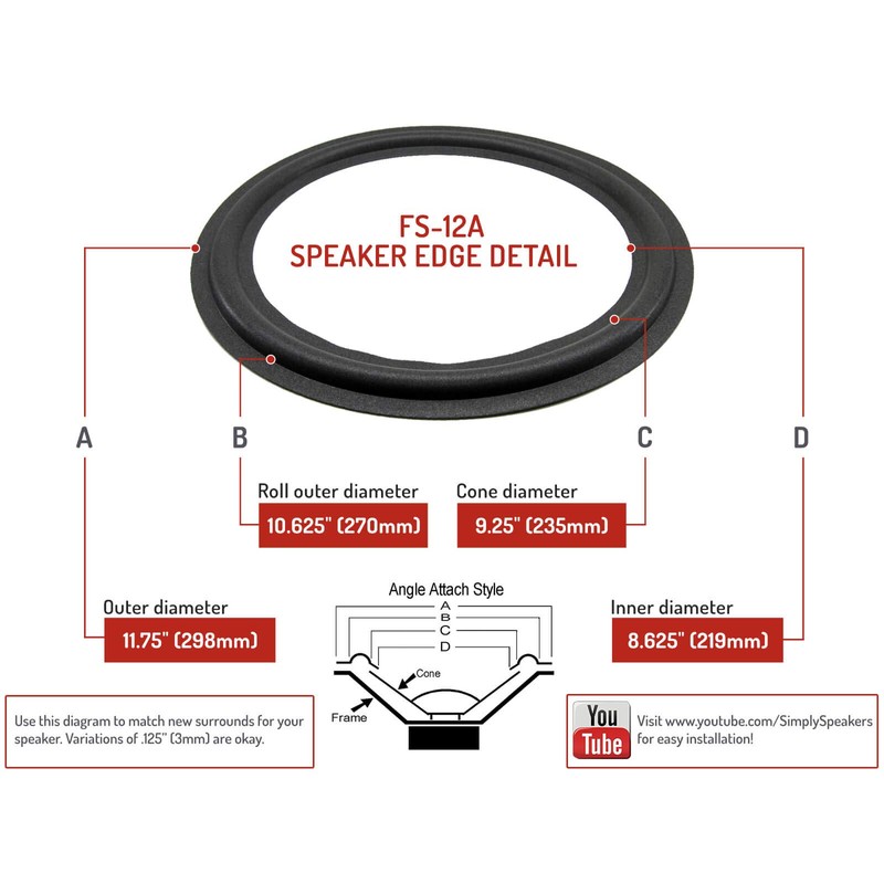 Standard 12 Inch Foam Speaker Repair Kit FSK-12A (Pair)