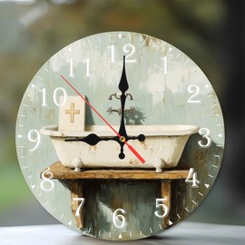 Lancholy 10-Inch Silent Wooden Wall Clock, Vintage Tub Clock Antique Faucet ” Silent Non-Ticking Clock, Battery Operated (AA Batteries Not Included), Artistic Home Decor