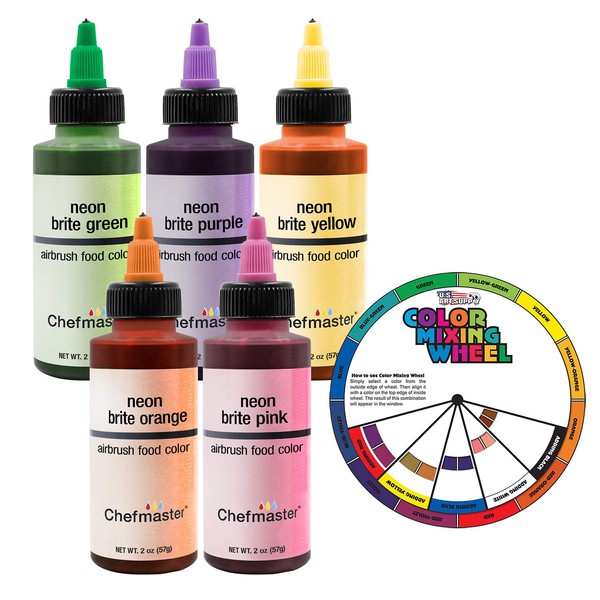 U.S. Cake Supply 2.3-Ounce Neon Airbrush Cake Food Colors 5 Bottle Kit with Color Mixing Wheel - Safely Made in the USA product