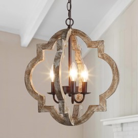 Optimant Lighting Farmhouse Chandelier, 3 Light Rustic Orb Dining Room Chandelier Over Table, 16" Wood Pendant Chandeliers Hanging Light Fixture for Kitchen Island, Bedrooms, Hallway, Entryway