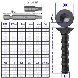 TXXATX M6 x 35 mm Flat Head Screws Torx Pack of 30 Countersunk Screws Stainless Steel A2 V2A Screws Black Machine Screws Full Thread Furniture Screws Countersunk Screws with T40 Torx Bit for Machines