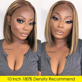 Xinran Highlight Bob Human Hair Wig Ombre 4/27 Honey Blonde Bob Wig 180% Density 13x4 HD Lace Front Straight Wigs Human Hair for Women Natural Tiny Hairline with Baby Hair 10 Inch