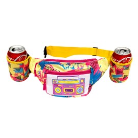 Hippie Fanny Pack Retro Design with Attachable Drink Holders Neon Vintage Colors - Rave Hippy Look, Multicolor, [Adjustable], Fanny Belt
