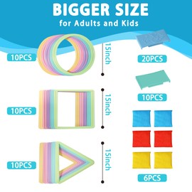 Oranmew 3 Sets Hopscotch Rings & Bean Bag Toss - 30 Pcs Indoor/Outdoor Agility Rings (Square, Triangle, Round) with 6 Beanbags - 15 Inch Giant Rings Obstacle Course Rings for Kids & Adults(Macaron)